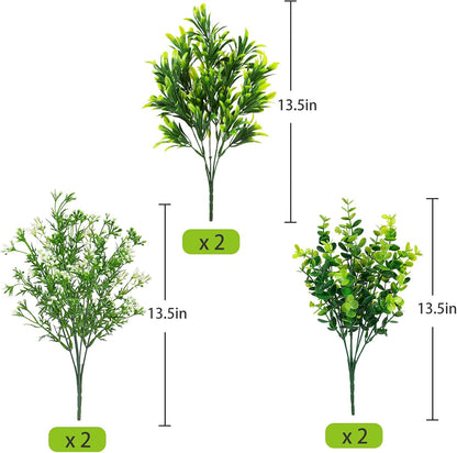 Ouddy Decor 6 Bundles Artificial Greenery Stems Mixed Fake Plants Eucalyptus Stems Babys Breath Faux Plastic Artificial Plants & Flowers for Outdoor Indoor Garden Home Window Box Decor