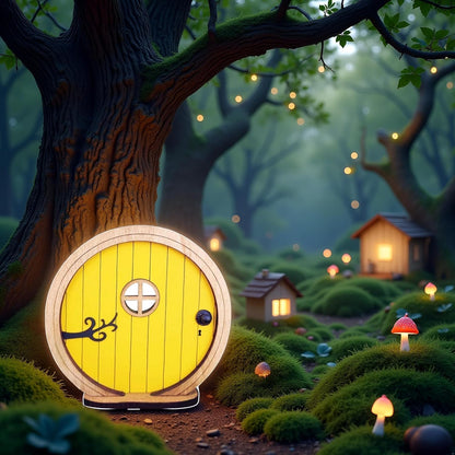 Yellow Fairy Garden Door for Tree, Fairys Doors for Trees Outdoor and Tree Trunk,Mini Fairy Garden Sculpture Lawn Ornament Decor, Fairytales Door Decoration,Gardens Miniatures,Buildings