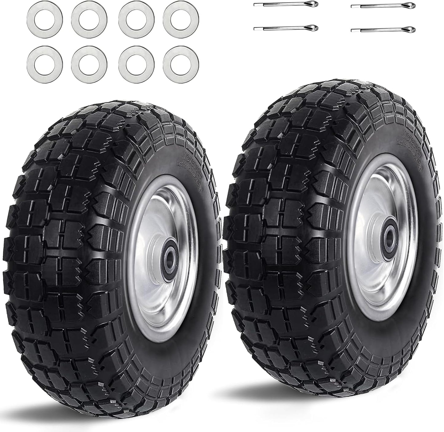 12'' Flat Free Tires Rubber Replacement Solid Tire and Wheel Assemblies for Hand Trucks Garden Cart Wheelbarrow - 3.5”Wide Polyurethane Tires 2.1 Hub with 5/8 Inch Axle Borehole Silver