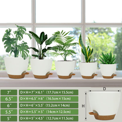 Self Watering Planters with Drainage Holes Reservoir,Nursery Planting Pot for Indoor Decor Garden Plants Succulents,Snake Plant, African Violet,Plastic Flower Pots Set 7+6.5+6+5.5+5 Inch (White)