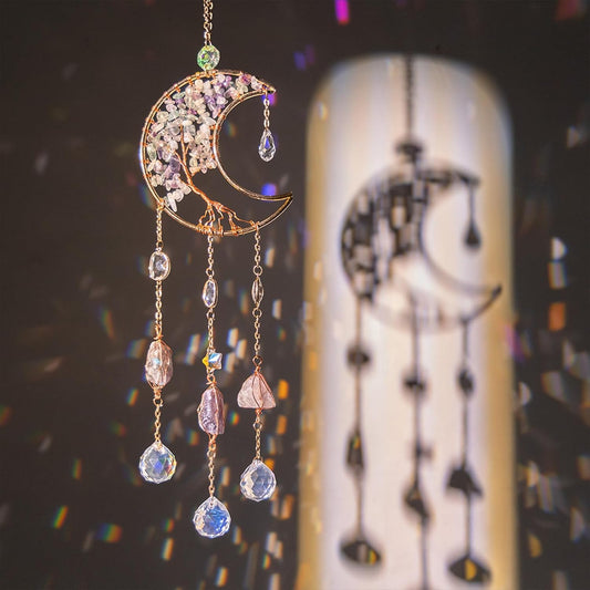 TUOKING Crystal Moon Suncatchers for Window Hanging Tree of Life Natural Healing Stones Wind Chimes Sun Catcher Rainbow Maker Good Luck Gifts Decor for Home Garden