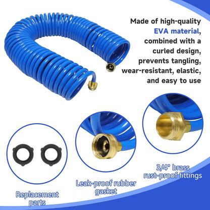 Coil Hose,3/8" EVA Coil Garden Hose 25 FT,Curly Water Hose Lightweight with Brass Connectors,Recoil Garden Hose Includes 8-Pattern Spray Nozzle for Boat, Yard, Patio, Green