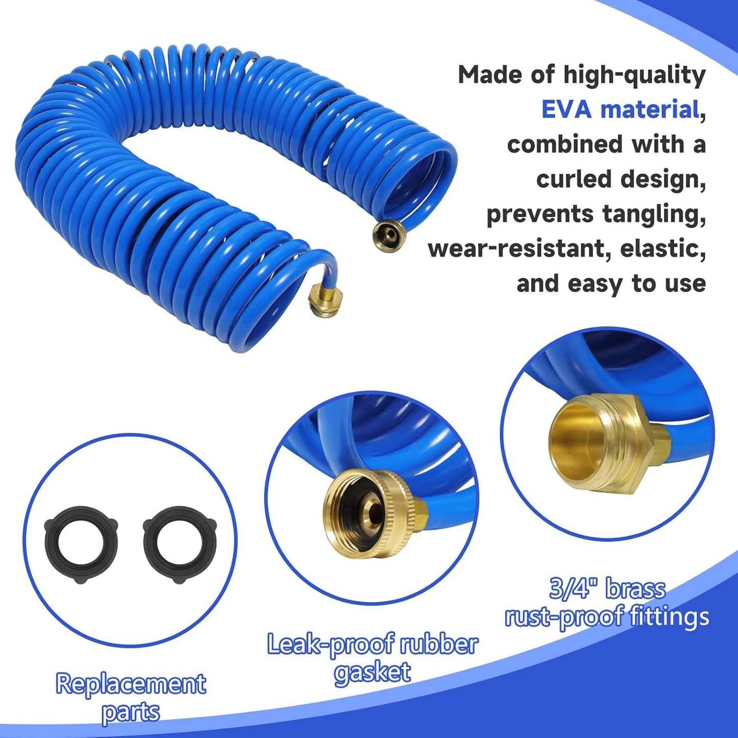 Coil Hose,3/8" EVA Coil Garden Hose 50 FT,Curly Water Hose Lightweight with Brass Connectors,Recoil Garden Hose Includes 8-Pattern Spray Nozzle for Boat, Yard, Patio, Green