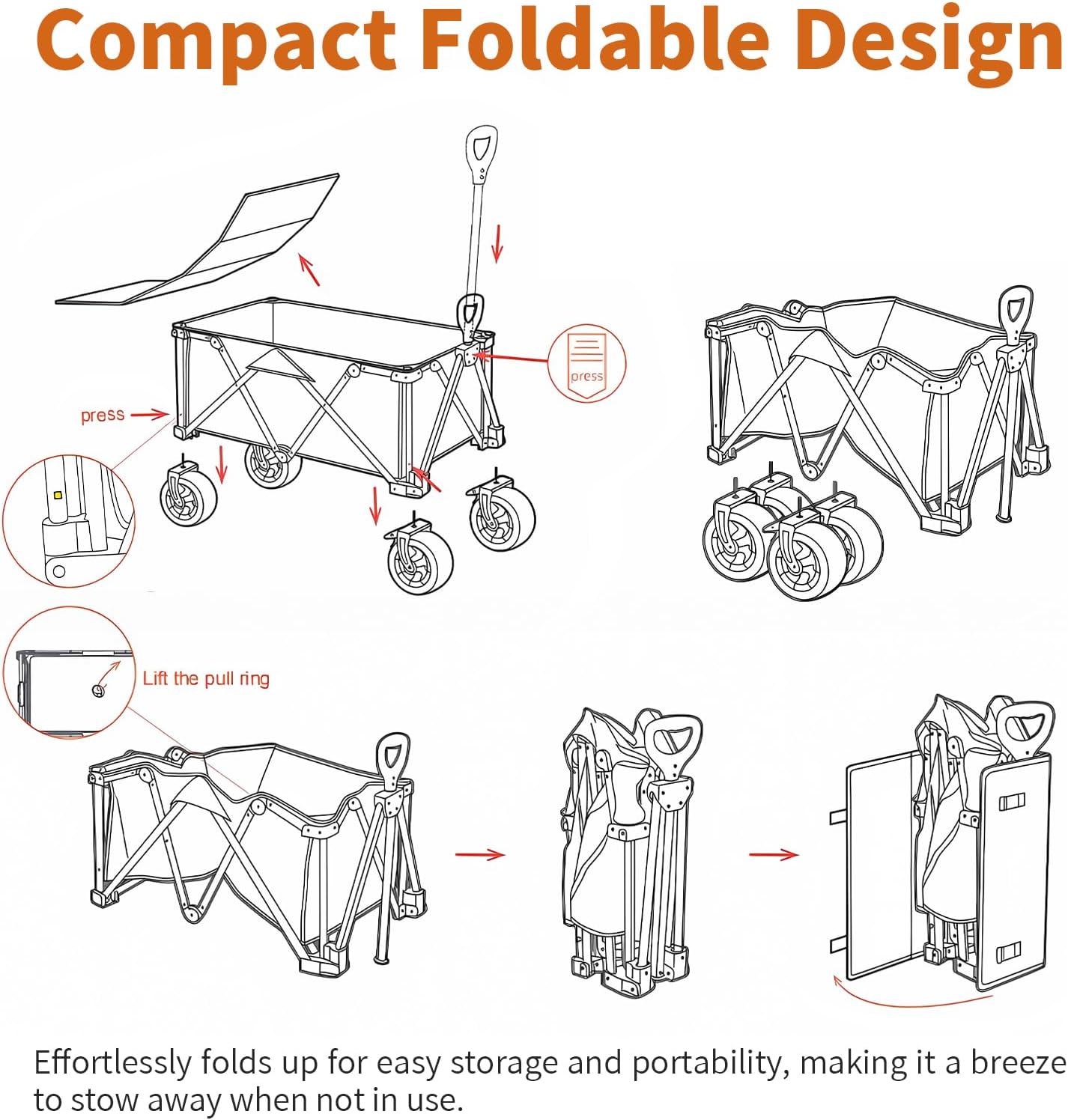Collapsible Wagon - 330lbs Heavy Duty; Beach & Garden Cart with Big Wheels;White Wagons Carts for Grocery Sports Garden Shopping Camping