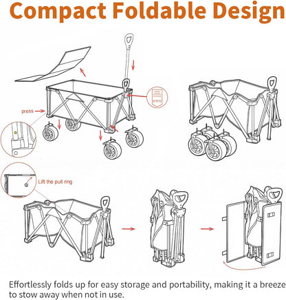 Collapsible Wagon - 330lbs Heavy Duty; Beach & Garden Cart with Big Wheels;White Wagons Carts for Grocery Sports Garden Shopping Camping