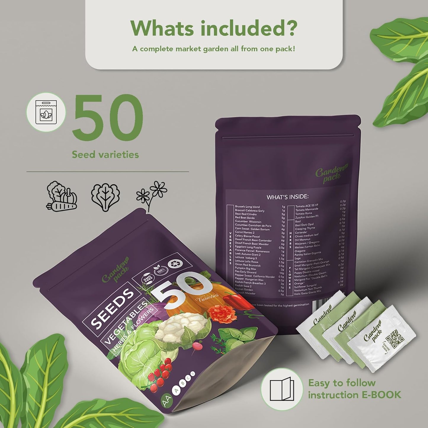 Garden Pack Seeds Pouch - 50 Varieties of Vegetable, Herb & Flower Seeds for Planting - 25,000 Non GMO Heirloom Seeds - Garden Seeds for Vegetable Garden