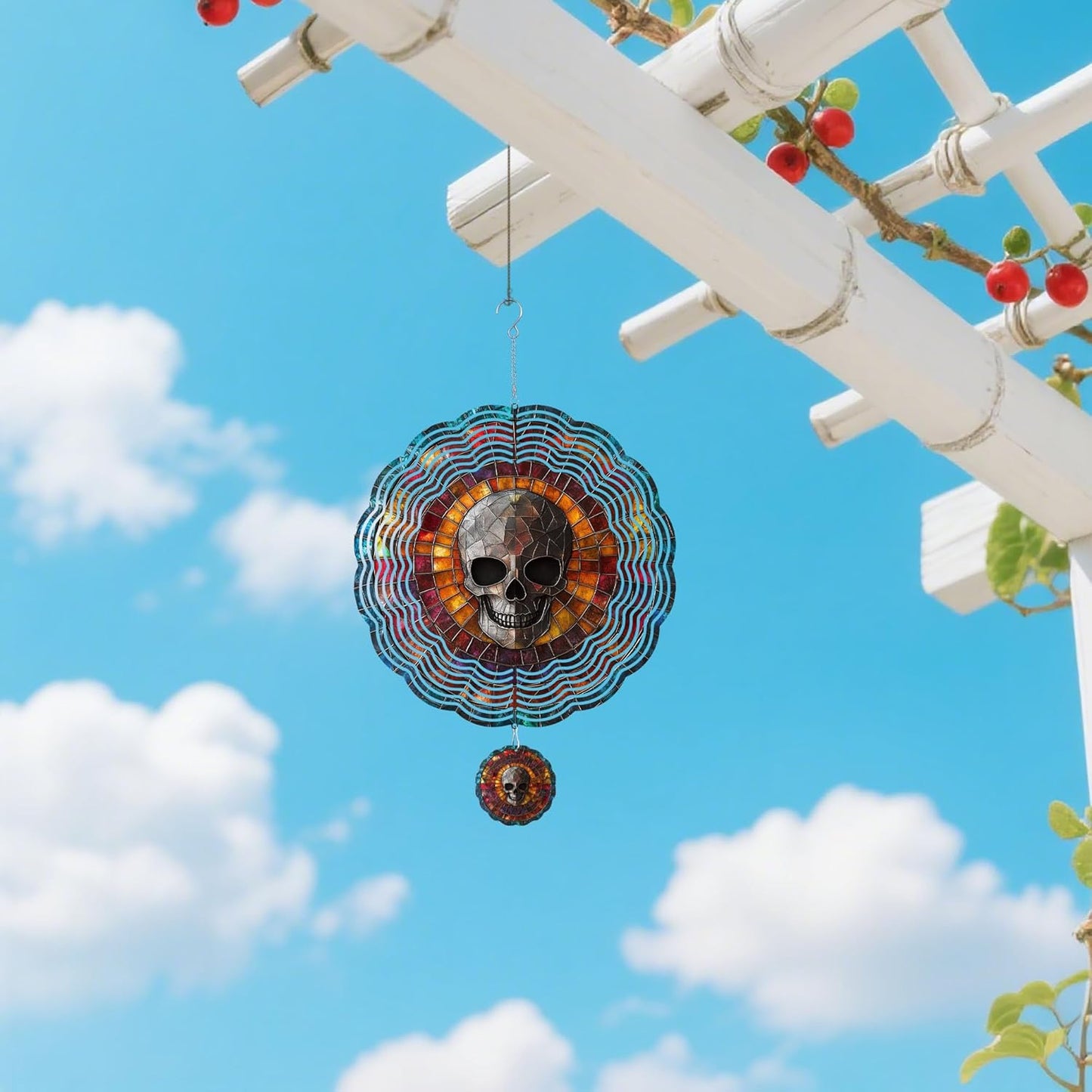 Wind Spinners Outdoor, Retro Halloween Skull 3D Stainless Steel Wind Sculpture Spinner for Garden Outside Hanging Decor Mother's Day Christmas Birthday Gifts for Women Men Mom Nana 9.8 in