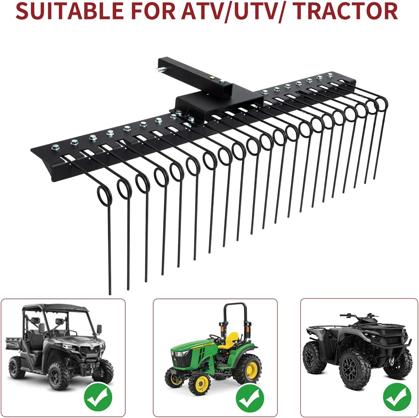 5FT Durable Pine Straw Rake Steel Spring Landscape Rake Fits 2" Receiver for Lawn Tractors or ATV/UTV，Black