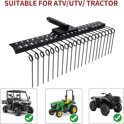 5FT Durable Pine Straw Rake Steel Spring Landscape Rake Fits 2" Receiver for Lawn Tractors or ATV/UTV，Black