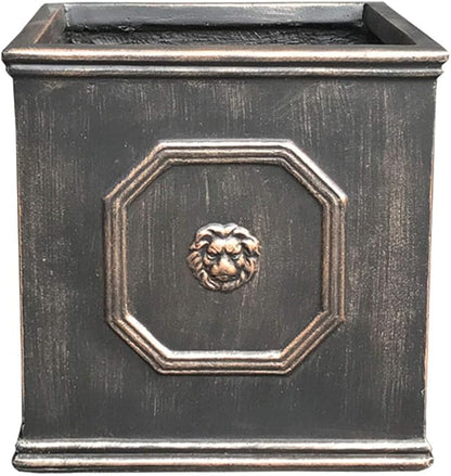Kante Square Lion Head Concrete Planter, Classic English Style Plant Pot with Drainage Hole and Rubber Plug for Indoor Outdoor Garden Patio Home, 12.6"x12.6"x12.6" Metallic Chestnut