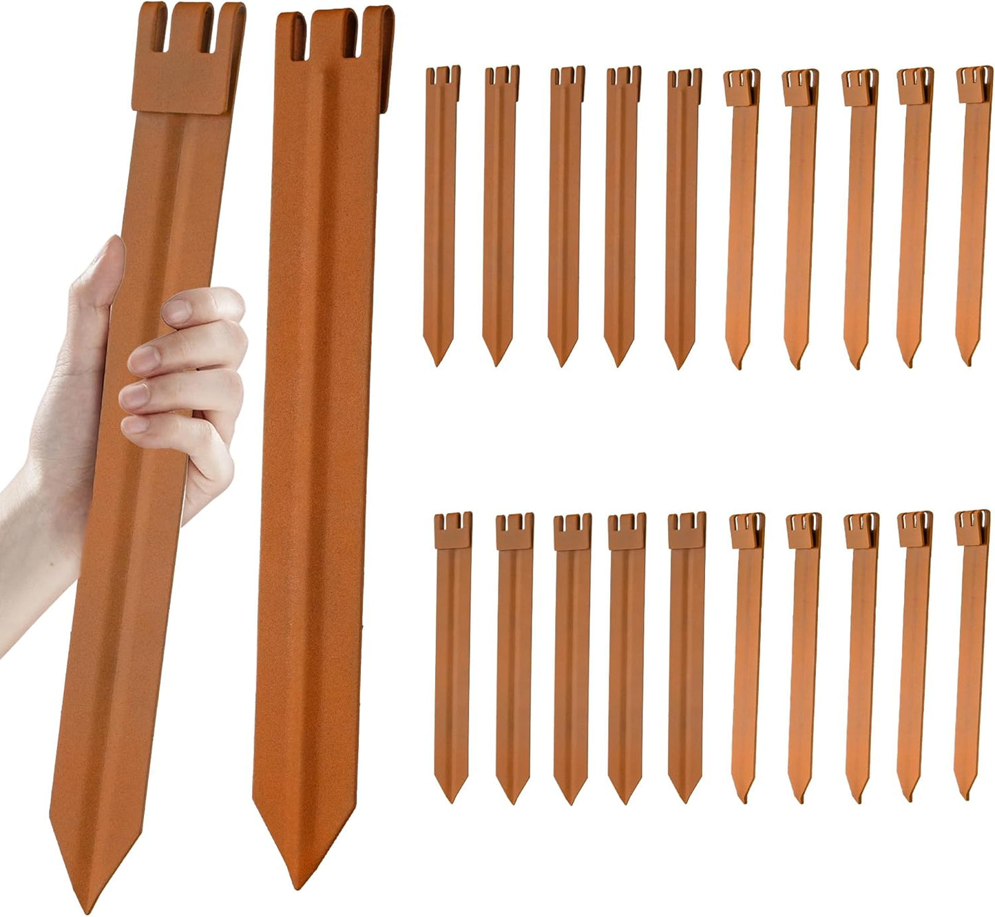 20PCS Brown 10in Hollow-Carved Metal Landscape Edging Stakes,Galvanized Steel Stakes for Corrugated Garden Landscape Edging/Terrace Board/Grass Barrier/Bender Board/Garden Liner/Tent pegs/Dog Stakes