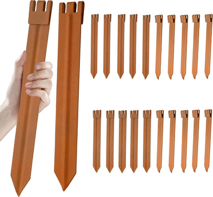20PCS Brown 10in Hollow-Carved Metal Landscape Edging Stakes,Galvanized Steel Stakes for Corrugated Garden Landscape Edging/Terrace Board/Grass Barrier/Bender Board/Garden Liner/Tent pegs/Dog Stakes