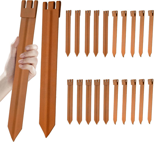 20PCS Brown 10in Hollow-Carved Metal Landscape Edging Stakes,Galvanized Steel Stakes for Corrugated Garden Landscape Edging/Terrace Board/Grass Barrier/Bender Board/Garden Liner/Tent pegs/Dog Stakes