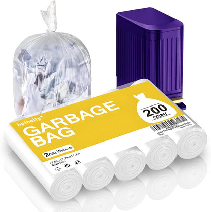 2-Gallon Trash Bag Extra-Small Garbage-Bags - Heihaily Unscented Strong Thick Mini Clear White Bulk 200 Counts Recycling Plastic Liners for Kitchen Office Bathroom Car Can