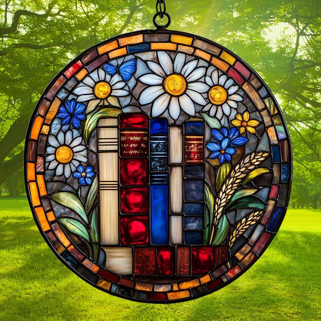 Floral Stack of Bookks Acrylic Suncatcher Stained Glass Effect Window Car Hanging Christmas Ornament Indoor Outdoor Decor Garden Sun Catcher Panel for Book Lover for Women Mom Grandma