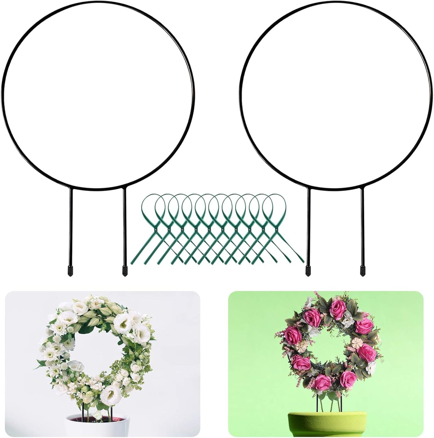 Legigo Black Metal Plant Trellis - Iron Vine Support Wire with 10 Twist Ties for Potted Flowers (2 Circle)