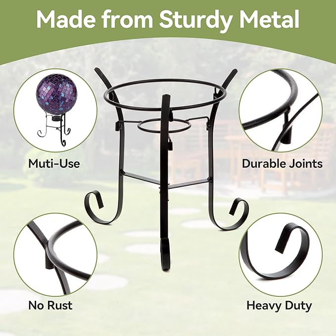 Lily's Home Metal Gazing Ball Stand for 10 or 12 inch Metal and Glass Garden Gazing Globes. Black. 9-inch Tall