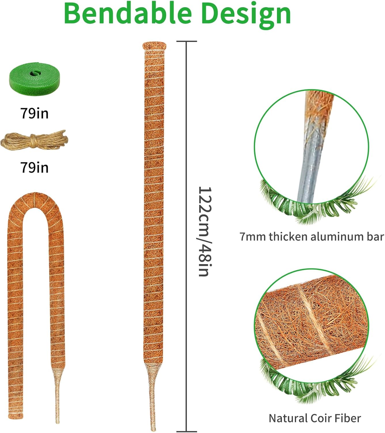 4 Pack 48 Inch Moss Pole Monstera Plant Support, Coir Moss Poles for Climbing Indoor Plants, Bendable Plant Stake Trellis for Potted Plant, Pothos, Philodendron