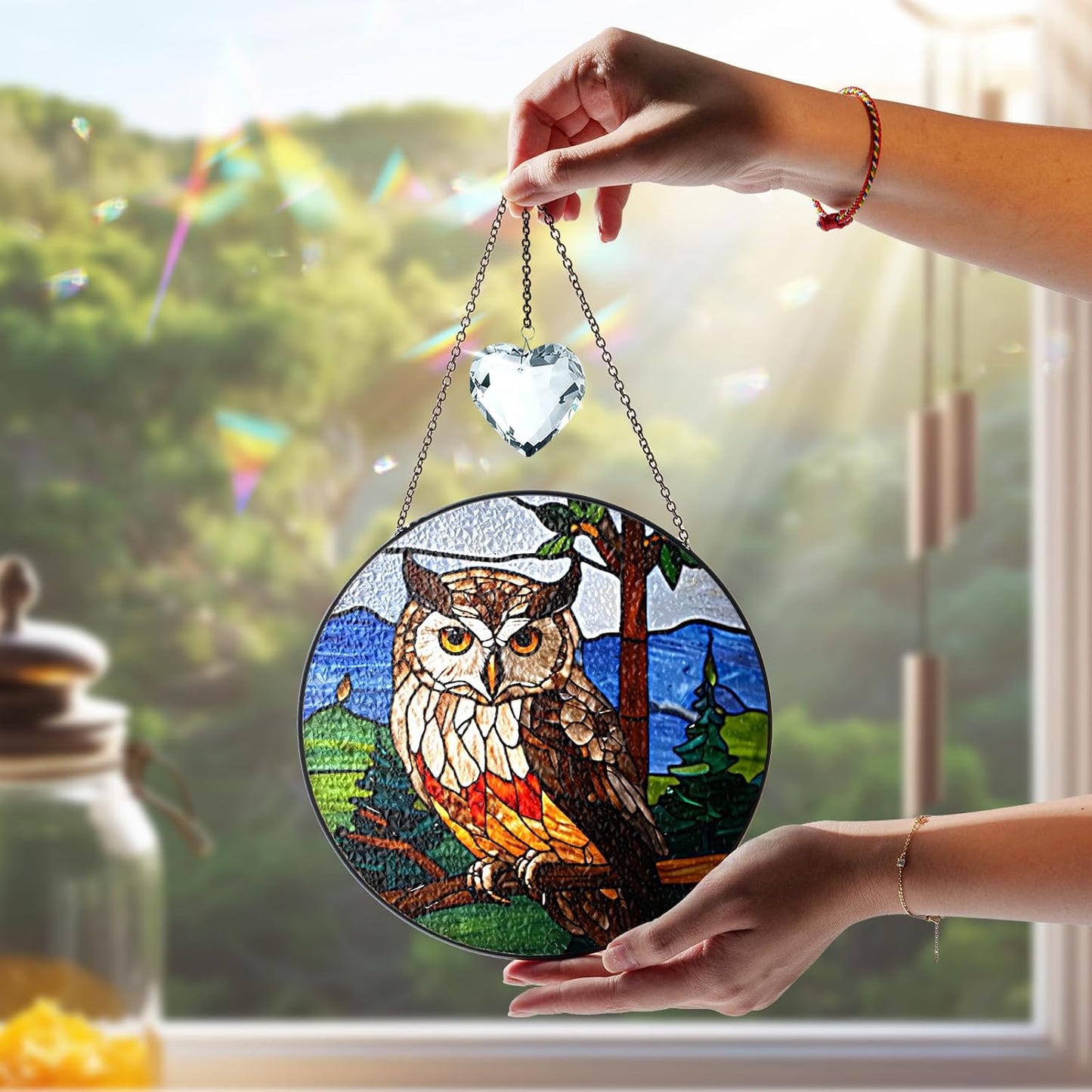 Owl Stained Glass Suncatchers Art Glass Owls for Sun Catcher Indoor Window Gifts for Pet Animal Nature Floral Lovers Women Grandma Mom Friend Painted Panel Décor