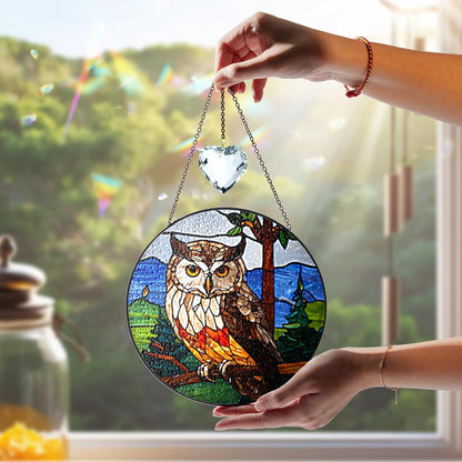 Owl Stained Glass Suncatchers Art Glass Owls for Sun Catcher Indoor Window Gifts for Pet Animal Nature Floral Lovers Women Grandma Mom Friend Painted Panel Décor