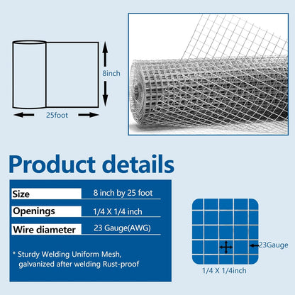 Hardware Cloth 1/4 inch Chicken Wire Fencing Double Hot-Dipped Galvanized After Welding Wire Fence，Duty Rust Proof Fencing for Gardens, Poultry Animal Netting Cage Screen (1/4inch 8in x 25ft)