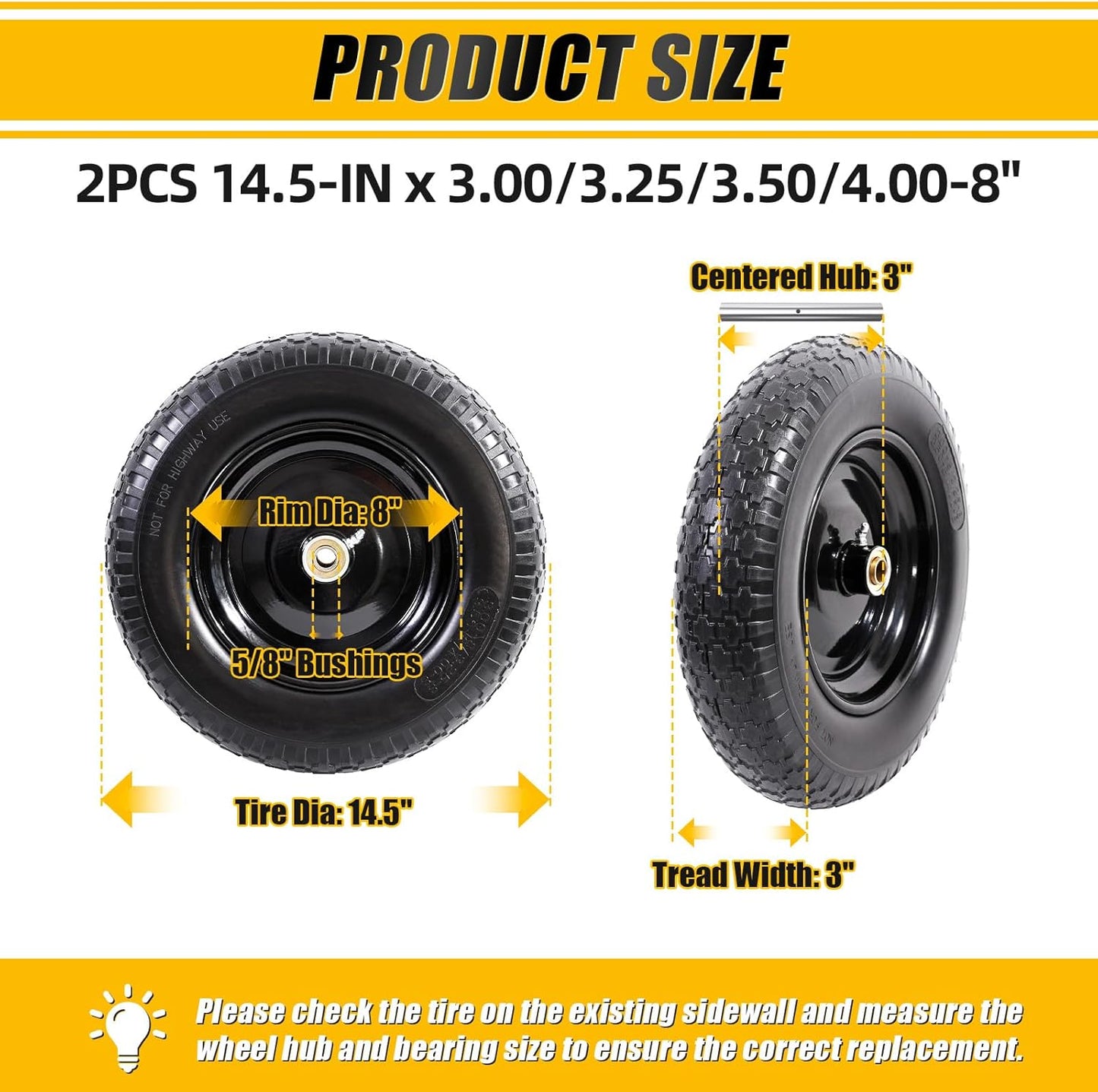 MZREXN 14.5" Wheelbarrow Tire Flat-Free 3.00/3.25/3.50/4.00-8" Solid Tire and Wheel with 3"-7" Centered Hub, 3/4" & 5/8" Bearings Replacement for Hand Truck/Dolly/Utility Cart/Garden Cart 2PCS Black