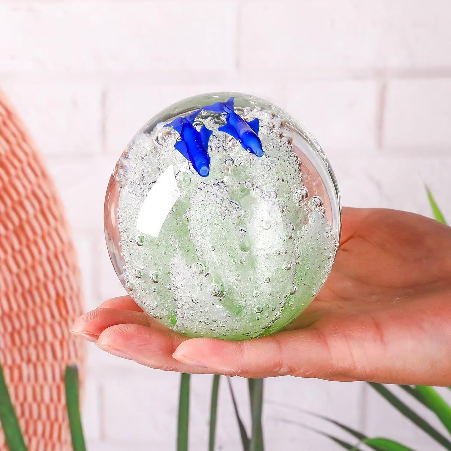 Decorative Crystal Ball Figurines Coral Fish Paperweight Blown Glass Decor Sea Art Ocean Lovers Gift Green 3.15"