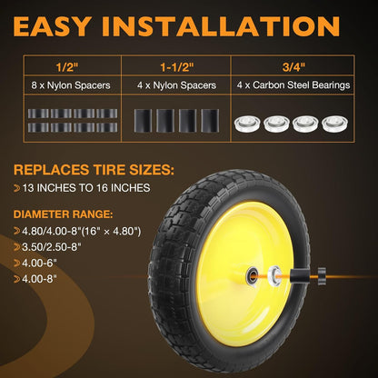 HQPASFY 2 Pack 16" Flat Free Tire 4.80/4.00-8 Wheelbarrow Tire and Wheel, 3" Centered Hub, 5/8" & 3/4" Bearings Replacement for Wheelbarrows, Garden Carts, Dump Carts, Lawn Equipment