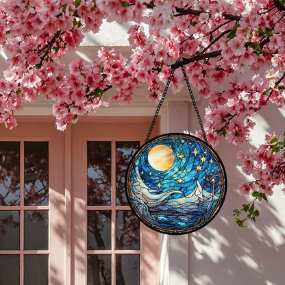 Moonlight Stained Glass Window Hanging, Stars Suncatcher Panel for Indoor Outdoor Decor, Lunar Night Glass Ornament for Wall, Balcony, Porch Decor, Hanging Ornament Gifts for Birthday Housewarming