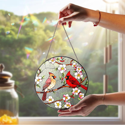 7.8" Cardinal Bird Stained Glass Suncatchers Art Glass Birds and Flowers for Sun Catcher Indoor Window Gifts for Women Mom Grandma Nature Floral Lovers Friend Handcrafted Hanging Décor