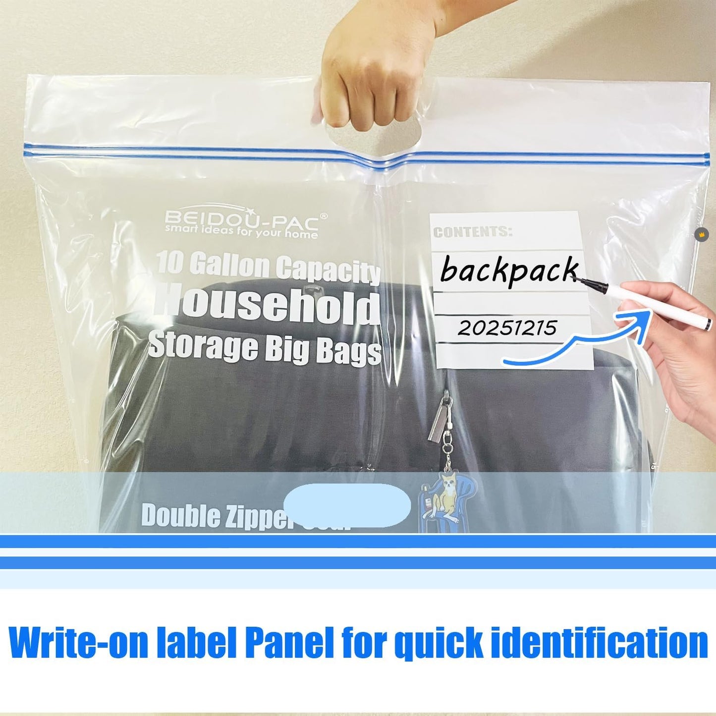 10 Gallon Large Storage Bags with Handle, 50 Counts | Double Zipper Seal | Expandable Bottom, Resealable Clear zip Bags for Home, Travel, Moving Commercial and Outdoor