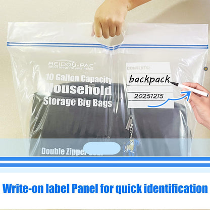 10 Gallon Large Storage Bags with Handle, 25 Counts | Double Zipper Seal | Expandable Bottom, Resealable Clear zip Bags