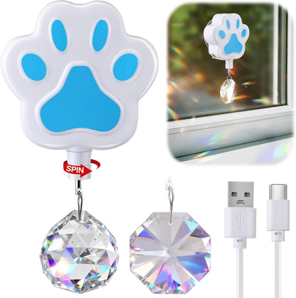 Electric Rotation Crystal Suncatcher, Rechargeable Prism Suncatcher for Pets Fun Home Window Decor, Gifts for Christmas & Birthdays with Two Crystals & Type C Cable