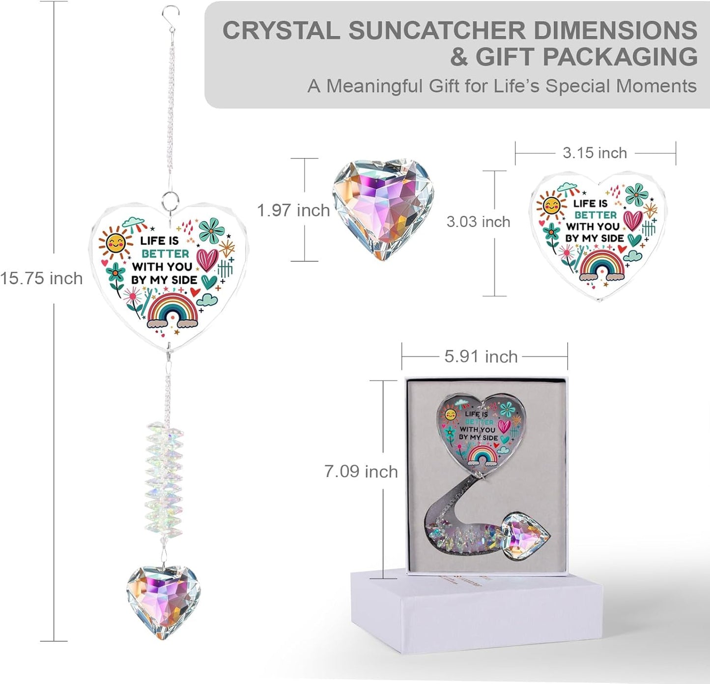 Gifts for Girlfriend, Best Friend, Sisters, Mom,Daughters,Crystal Suncatcher Ornament with Quote “Life is Better with You by My Side”Birthday Gifts,Window Hanging Decor