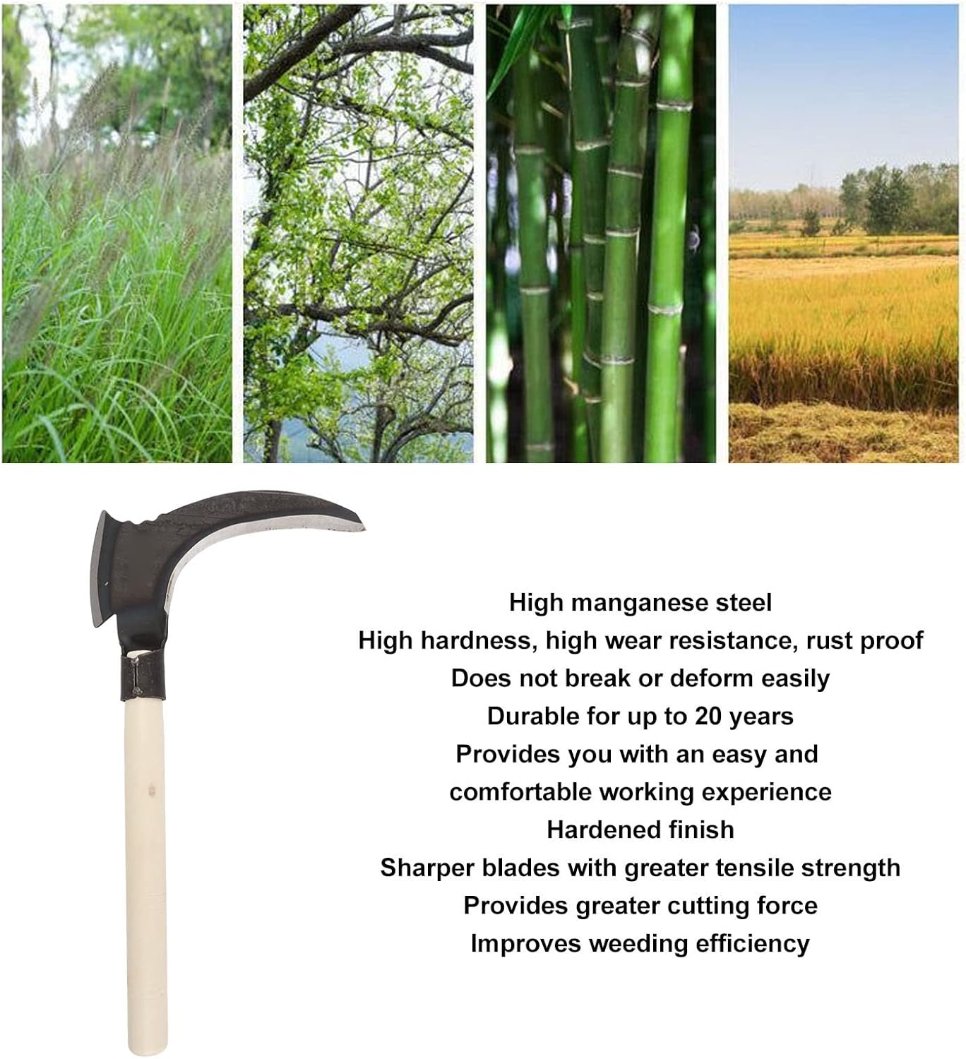 Weeding Sickle, High Manganese Steel Double Sickle Gardening Multipurpose Manual Agricultural Weeding Tools for Gardening Tools (Single Cutter Head, Wooden Stick)
