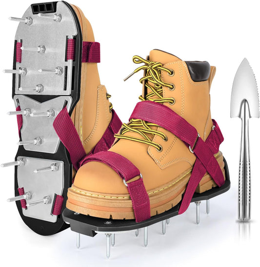 Lawn Aerator Shoes for Grass - Pre-Assembled Grass Aerator Shoes for Lawn - Soil Yard Aerator Tool for Aerating Patio Garden, Red