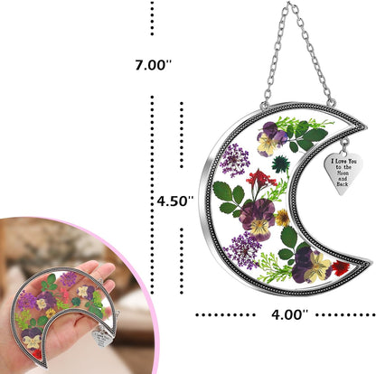 KY&BOSAM Moon Suncatcher Stained Glass for Window Hangings Wind Chime Decor with Pressed Real Flower and Metal I Love You to The Moon and Back Charm Birthday Gift for Women Mom Mother`s Day Christmas
