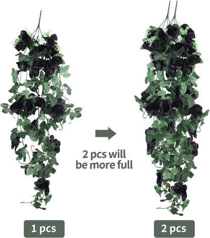 RECUTMS Hanging Flowers Black Artificial Rose Flower 2PCS 3.3Ft for Outdoors with 30 LED Fairy String Lights Fake Indoor Wall Wedding (Black)