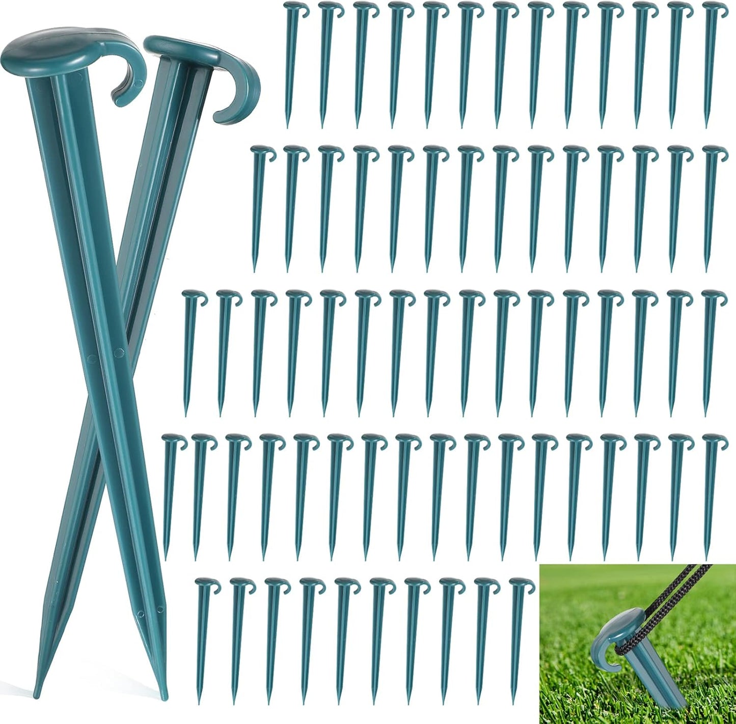 Vicenpal 100 Pcs 7 Inch Plastic Yard Stakes Inflatables Heavy Duty Plastic Garden Stakes for Tent Ground Replacement Outdoor Fence Lawn Pegs Landscape Staples Halloween Christmas Decorations (Green)