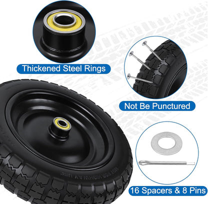 13 Inch Flat Free Wheels Tires 4.00-6 Solid Replacement with Universal 5/8" Axle Bore Hole, 16 Spacers and 8 Pins, for Wheelbarrow, Garden Wagon, Hand Truck, Trolley, Lawn Mower, 4 Pack