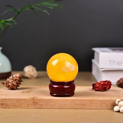 JIC Gem Natural Yellow Fluorite Crystal Sphere Crystal Decorative Ball with Wooden Stand Meditation Balls for Witchcraft Reiki Gift 50-60mm