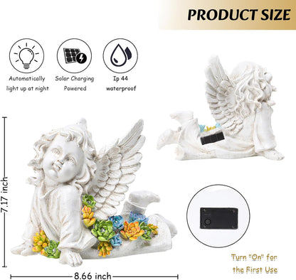 Solar Cherub Angel Outdoor Garden Decor Statues - 7 inches Baby Angel Figurines Outdoor Sculptures with Succulent, Garden Statues for Outside, Patio, Balcony, Lawn Ornaments or Housewarming Gift