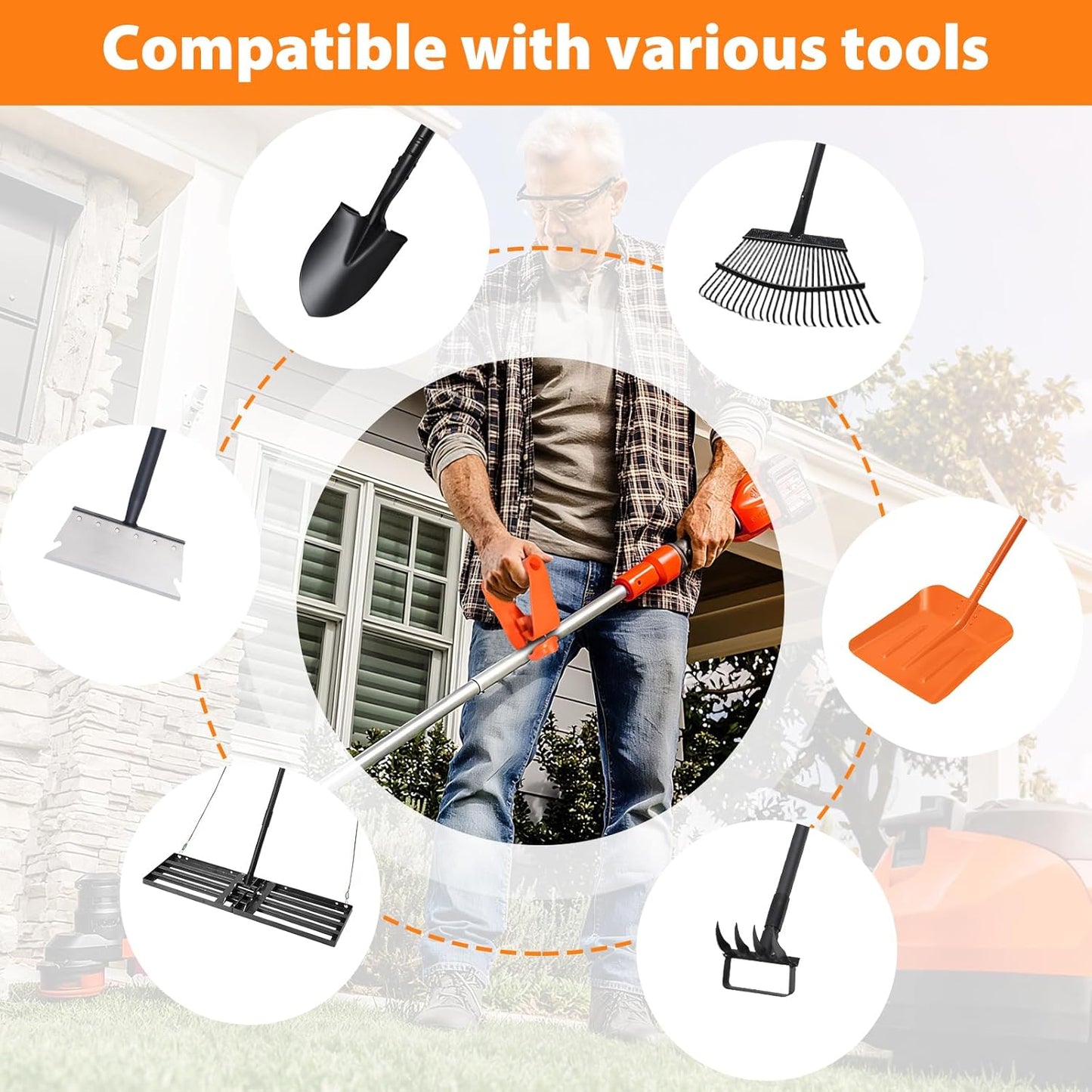 Labor-Saving Handle Tool for Lawn Leveling Rake Ergonomic Back-Saving Attachment for Garden Tools Universal Weed Eater Handle Replacement for Snow Shovels, Rakes, Lawn Trimmers, Orange