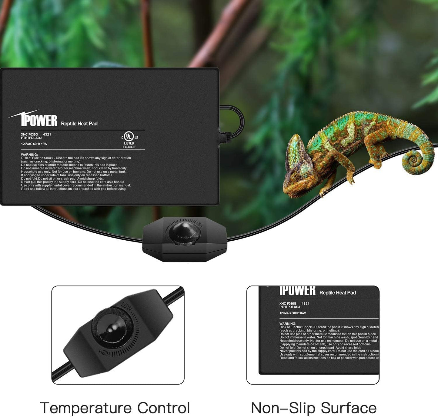iPower 8 by 12 Inch Reptile Heating Pad with Temperature Adjustable Controller Knob, Under Tank Warmer Terrarium Heat Mat for Reptiles and Amphibians