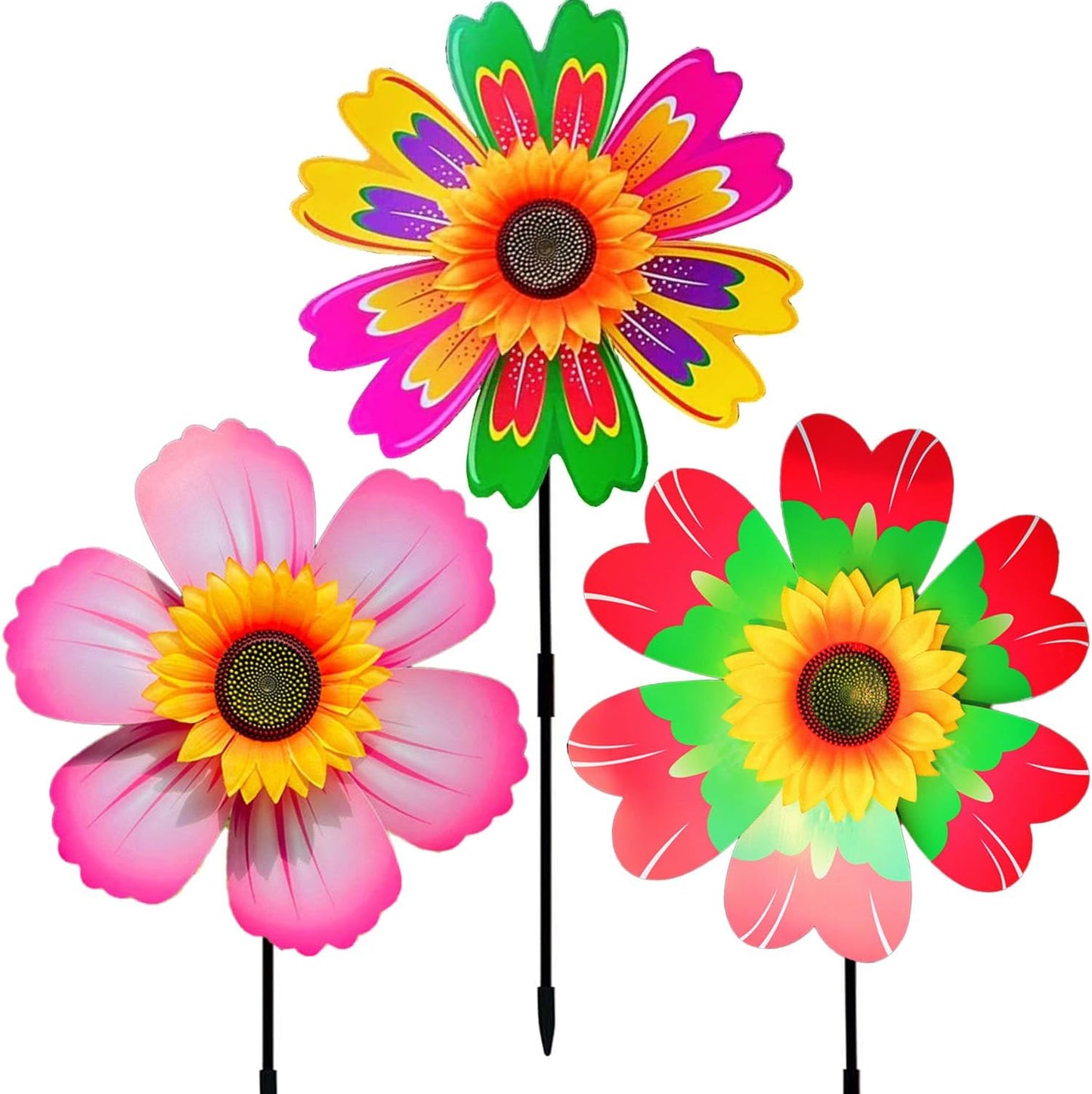 3PCS Sunflower Pinwheels Outdoor Wind Spinners, Colorful Flower Windmill Decorative Pinwheel for Garden,Yard, Party Outdoor Decor (Mixed Style)