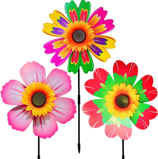 3PCS Sunflower Pinwheels Outdoor Wind Spinners, Colorful Flower Windmill Decorative Pinwheel for
