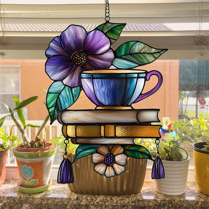 Hibiscus Tea Cup and Books Acrylic Suncatcher Stained Glass Effect Window Car Hanging Christmas Ornament Indoor Outdoor Decor Garden Sun Catcher Panel for Book Lover for Women Mom Grandma
