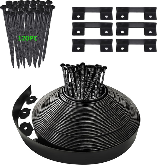 Landscape Edging Border No Dig - 100FT 2IN Tall Garden Edging Border with 120 Stakes, Plastic Garden Fence Lawn Edging Flexible for Landscaping, Flower Beds, Yard, Pathway with Connectors