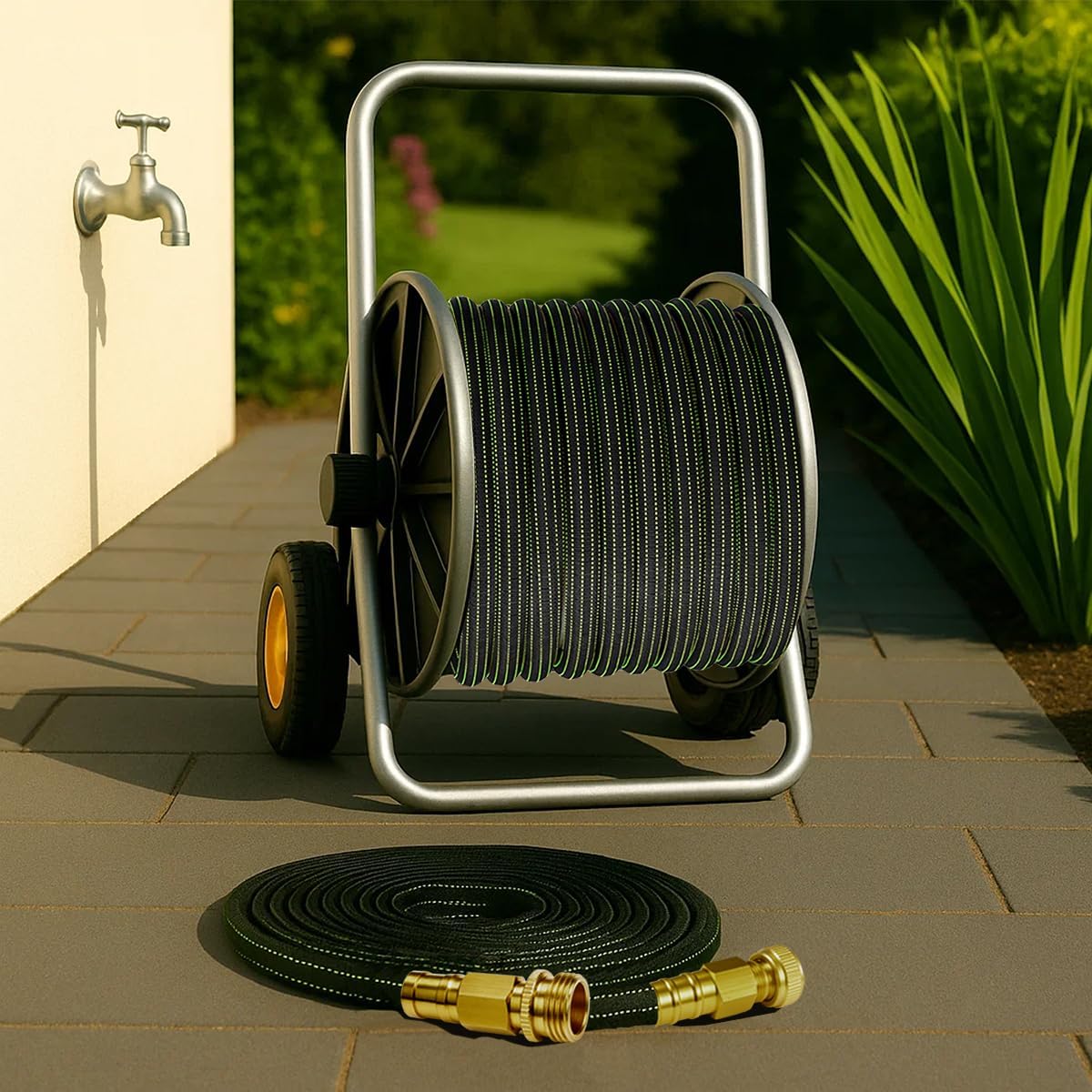 30ft Lightweight Flexible Garden Hose,Non-Slip Handles,Non-kink Hose,Solid Brass Fitting for Boats, RV Water Hose,Marine Washdown,Lawn,Garden,Leakproof TPE Hose(GreenBlack, 30 FT)
