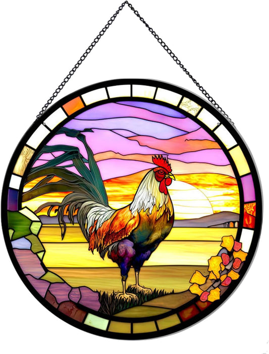 Rooster Hanging Stained Glass Sun Catcher,20cm/7.87inch Hand-Painted Sun Catcher Garden Hangings